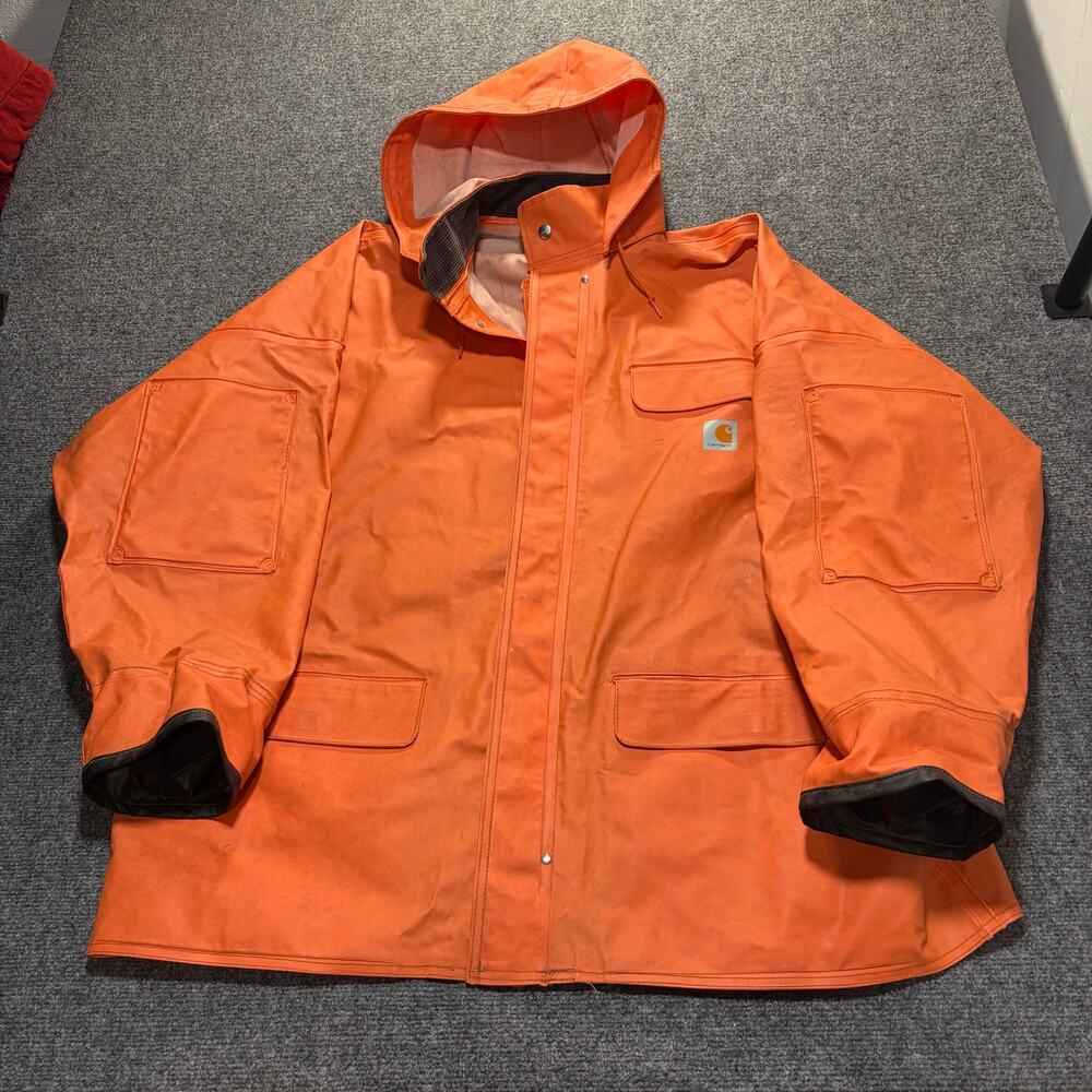 Carhartt Orange Heavy Utility Work Jacket Mens XL Hooded Waterproof Rain Coat